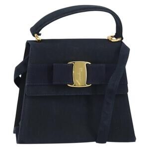 Salvatore Ferragamo Vala Hand Bag Canvas 2way Navy Gold Auth 158410